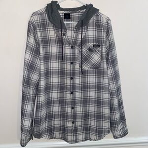 Mitch’s Surf Shop Men's Size L Hooded Flannel Shirt Gray/White - Solana Beach